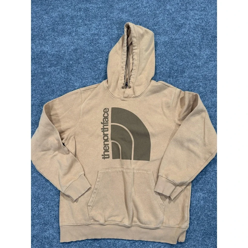 The North Face Hoodie Mens Large Beige Fleece‎ Pullover Big Logo Kangaroo Pocket